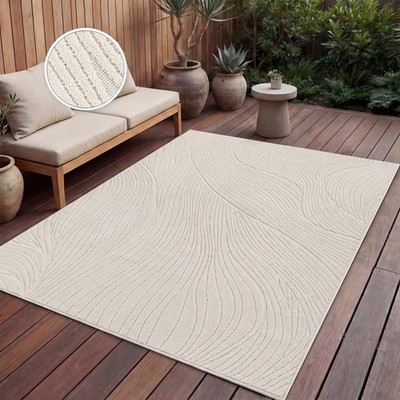 Outdoor Teppich Wetterfest Balkon Wohnzimmer Skandinavisch Boho Einfarbig Creme