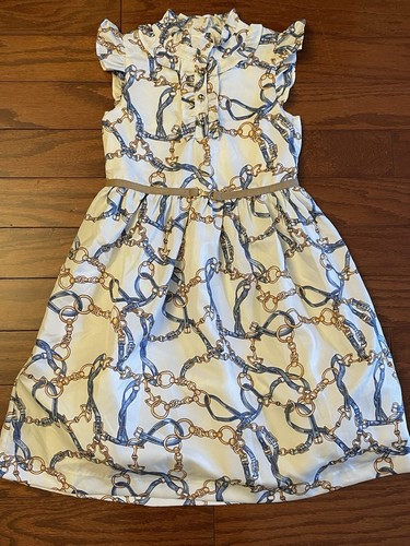 Girl's Janie And Jack Size 7 Dress Gold Buttons Buckle Belt & Chains Design NEW