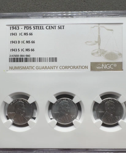 1943-PDS Three Piece Steel Cent Set NGC MS-66