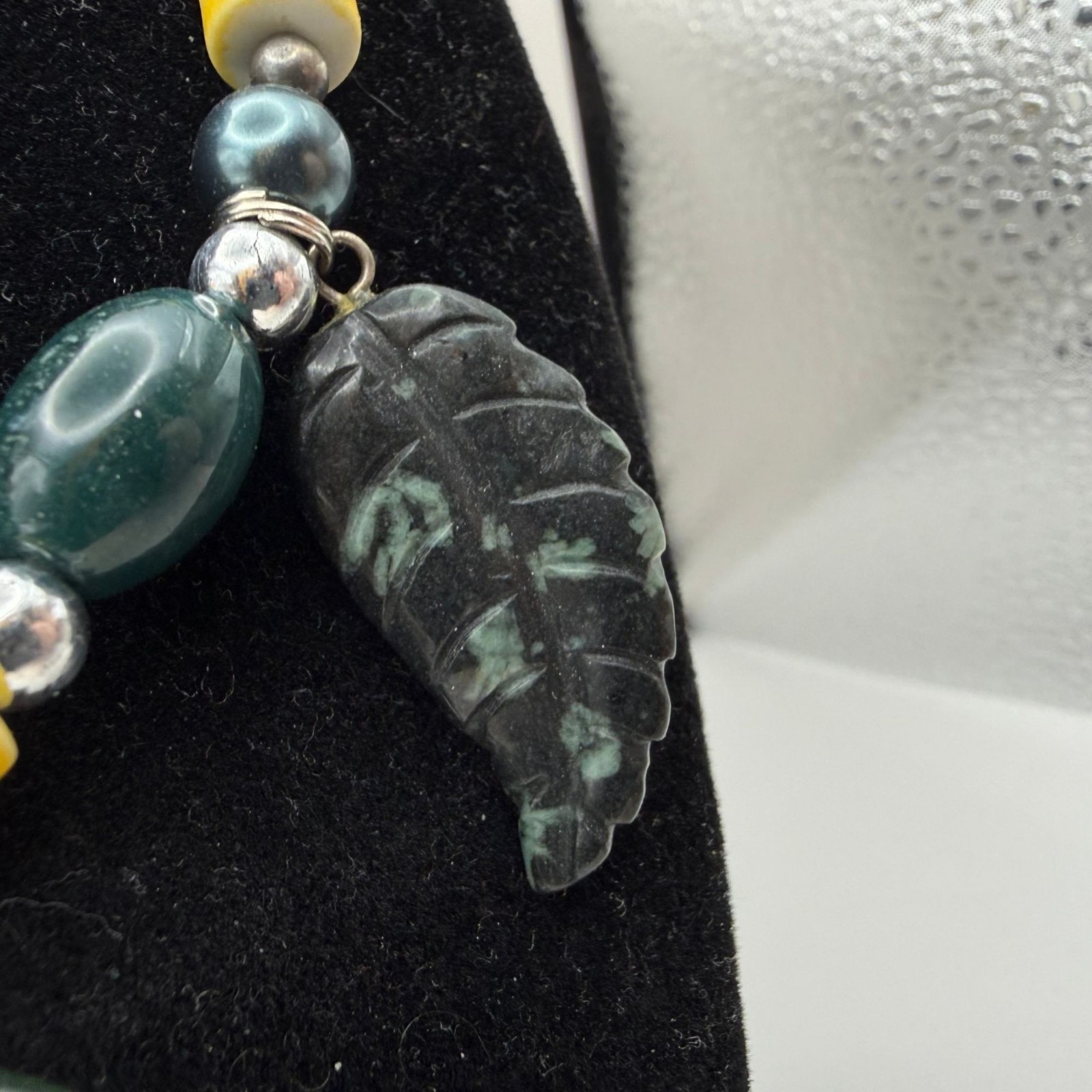 Statement Necklace Green Stone Leaf Carvings Yell… - image 10