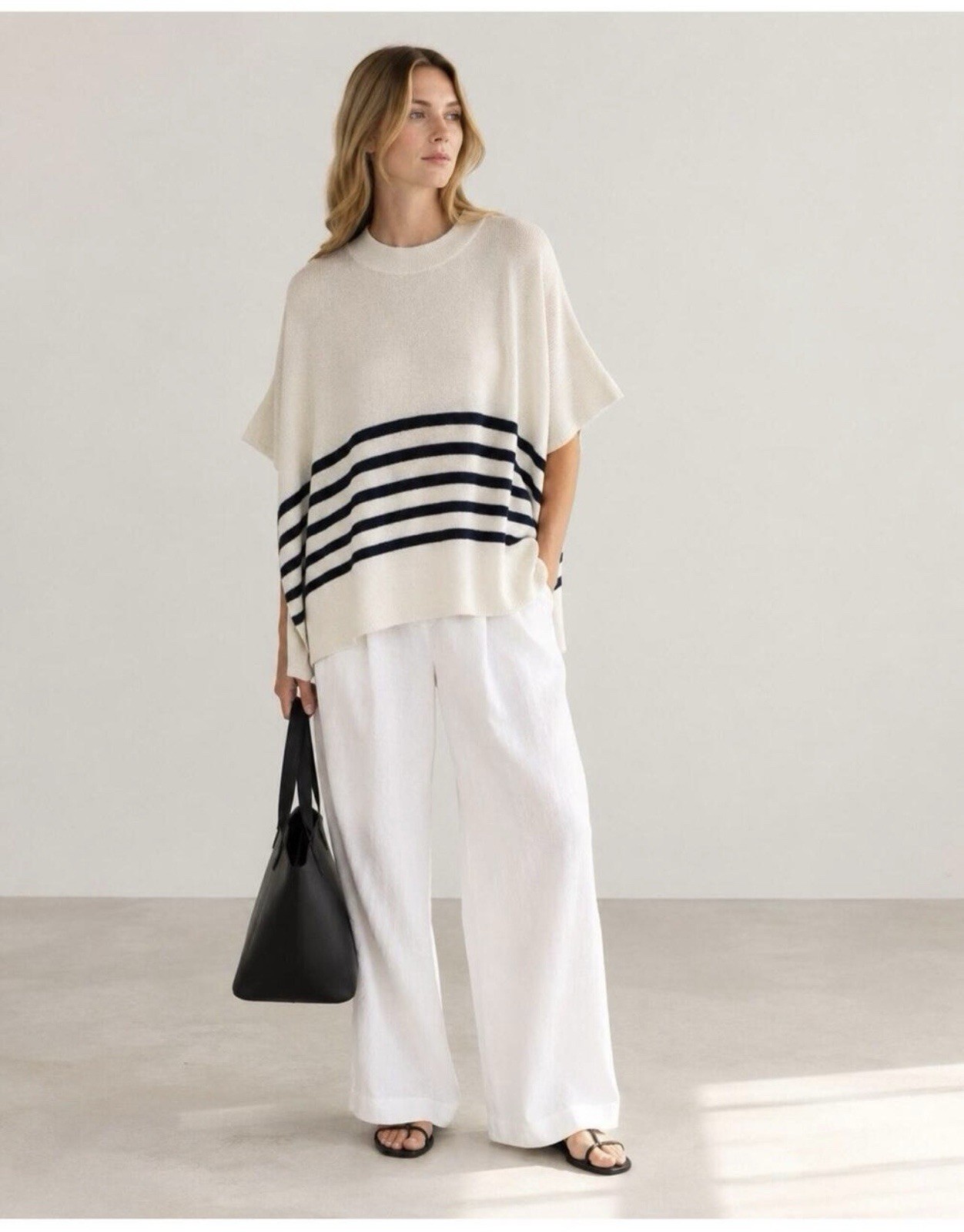 J.Crew Factory Poncho Sweater One Size Ivory Navy Striped Cotton Blend BO992