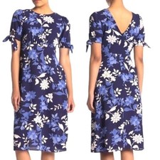 Vince Camuto Floral Midi Dress Womens Blue White Tie Sleeve V-Back 6