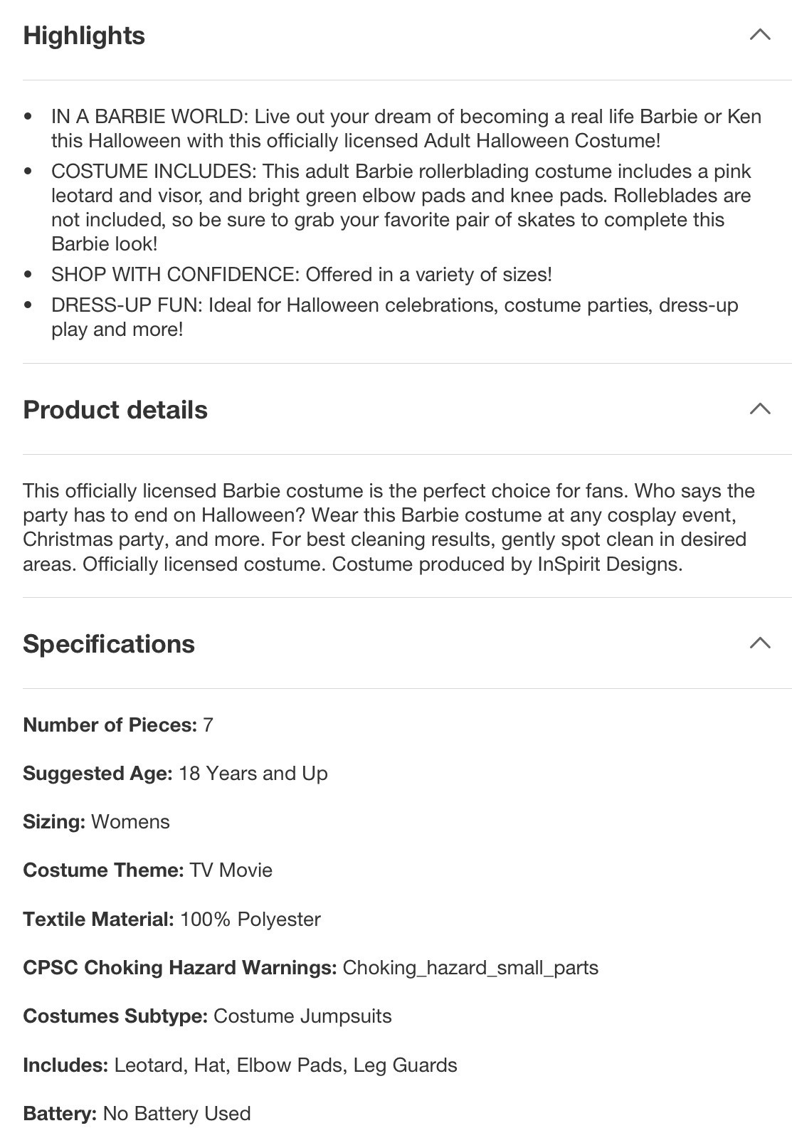 🥥 InSpirit Designs Barbie Movie Roller Blade Barbie Costume Size L(12/14)🆕