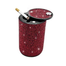 Bling Car Ashtray, Rhinestones Auto Mini Car Ashtray Portable with Lid Red