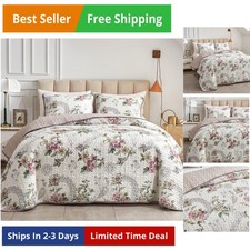 3 Pieces Quilt Set King Size, Beige Floral Reversible Bedspread Coverlet Set,...