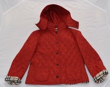 Burberry Red Diamond Quilted Popper Nova Check Hooded Jacket Coat Womens Small 8