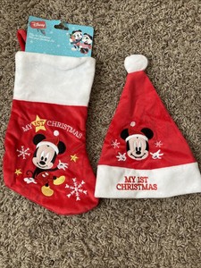 Disney Mickey Mouse "MY 1ST CHRISTMAS" Hat Stocking Red Plush Embroidered NEW