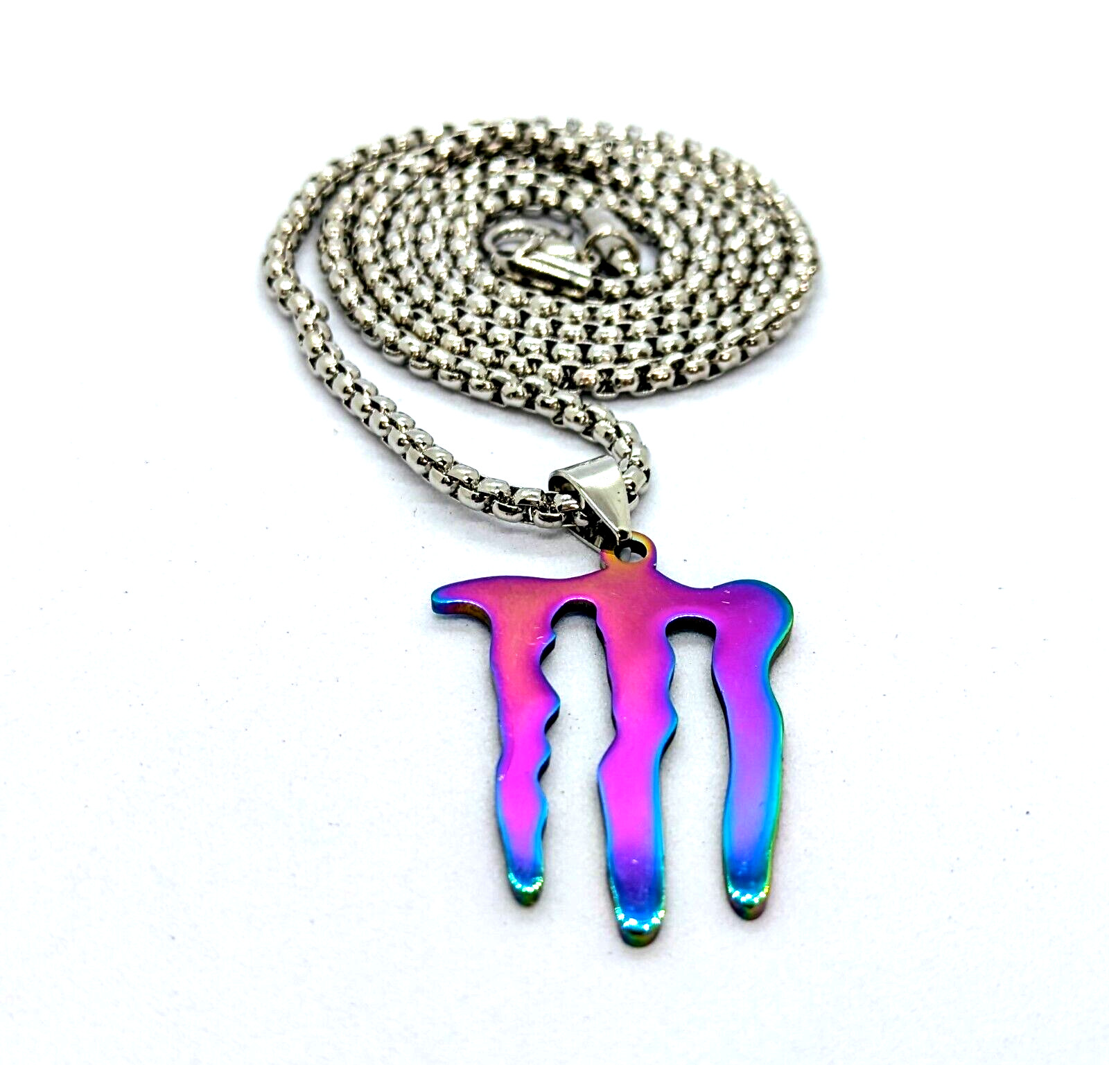 MONSTER ENERGY DRINK NECKLACE Oil Spill Stainless Steel Pendant & 23" Chain