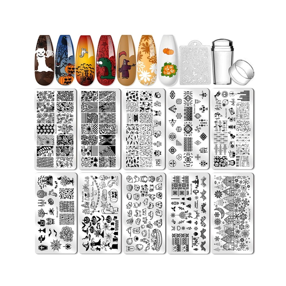Biutee Nail Stamping Plates 10pcs Templates with Stamper Nail Stamper Nail Ar...