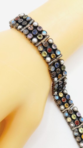 Vintage 925 Sterling Silver & Multi Gemstone Bracelet - Picture 2 of 16
