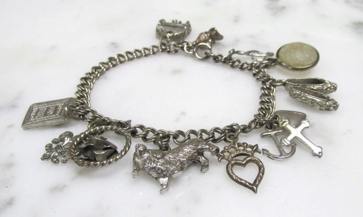 Vintage Sterling Silver Charm Bracelet w/ 10 Charms ~ 7