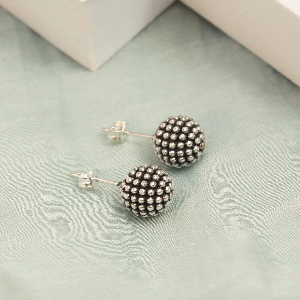 Pure 925 Sterling Silver Stud Earring Oxidized Caviar Beaded Ball Post for Women - Image 3 of 4