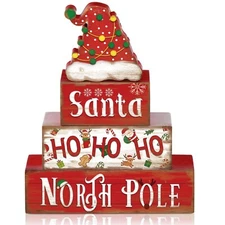 4 Pcs Christmas Table Decorative Signage Santa Hat Ho Ho Ho Wooden Blocks Chr...