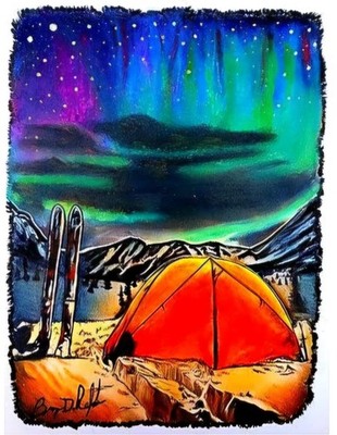 Dark Mountain Arts  - Northern Lights Tent Ski  Hand Drawn Signed Artwork Print 
