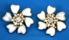 MCM Vintage 1950's poured white Milk Glass FLOWER rhinestone gold EARRINGS clip