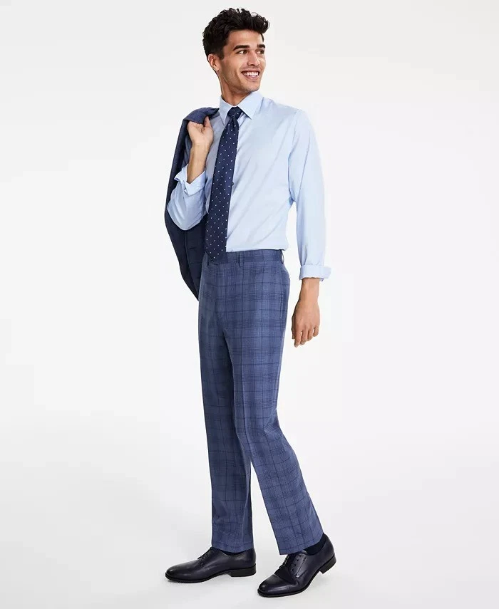 Calvin Klein Jerome Dress Pants Men 36x34 Blue Slim-Fit Wool Blend Stretch Plaid