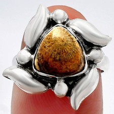 Natural Flower Fossil Coral 925 Sterling Silver Ring s.6 Jewelry R-1125