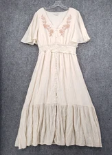 Baltic Born Dress Women XL Beige Maxi Tiered Cottagecore Embroidered Floral Boho