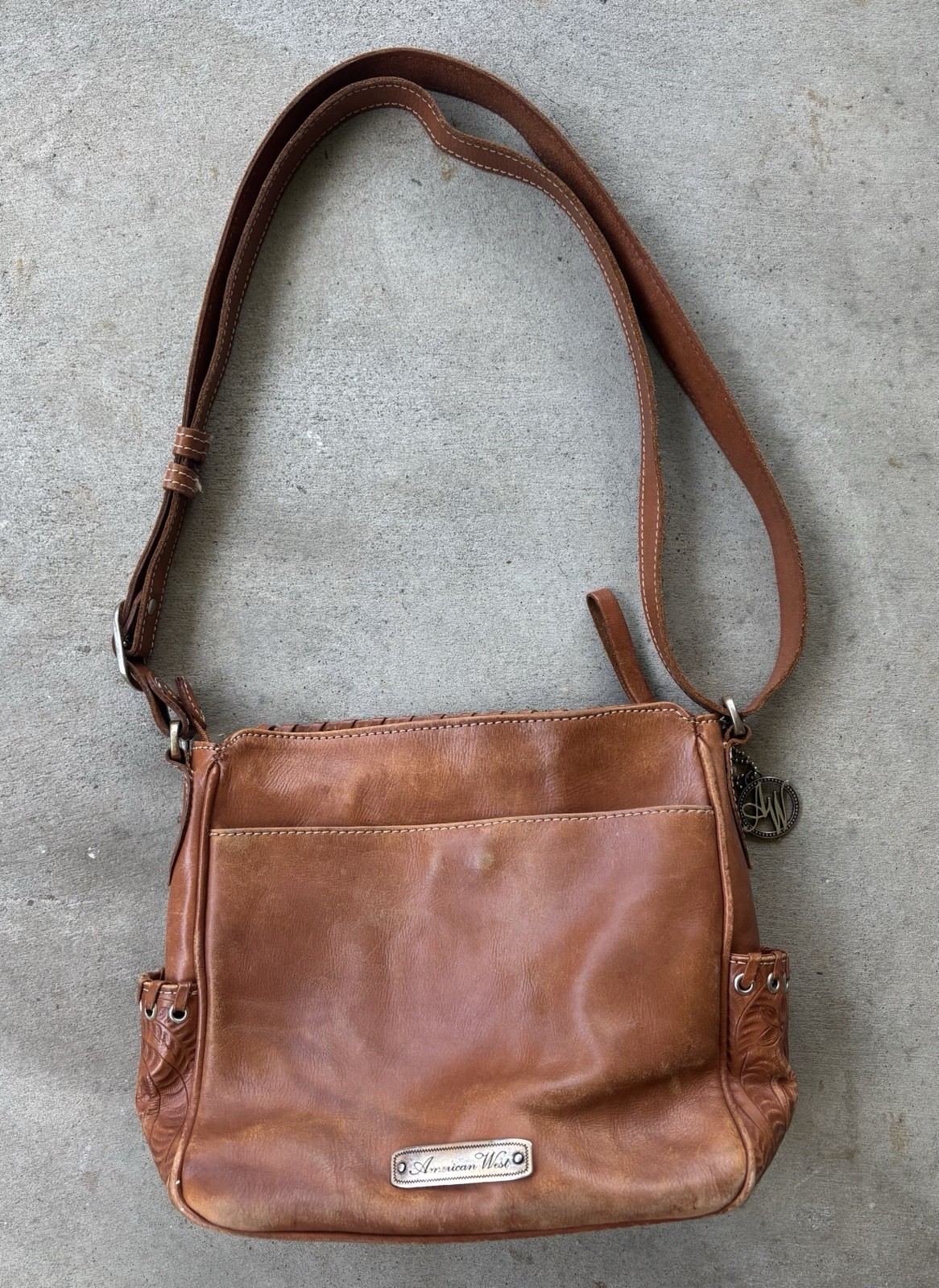 VTG American West Hand-Tooled Brown Leather Zip-Top Hand Shoulder Bag Purse image 3
