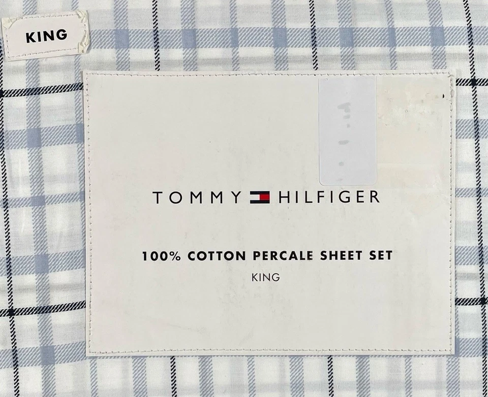 Juego de sábanas 4 piezas Tommy Hilfiger King Newton a cuadros azul blanco 100 % algodón percal Foto 2 de 4