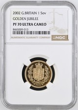 2002 Britain 1 Sov Full Sovereign 0.917 Gold 7.9881g NGC PF 70 UC Golden Jubilee
