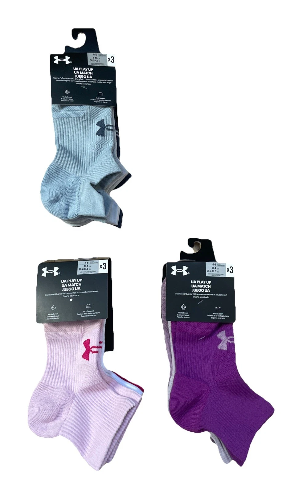 Under Armour Play Up Cushioned Socks, No Show Tab or Quarter, 3-PK; Sizes S, M