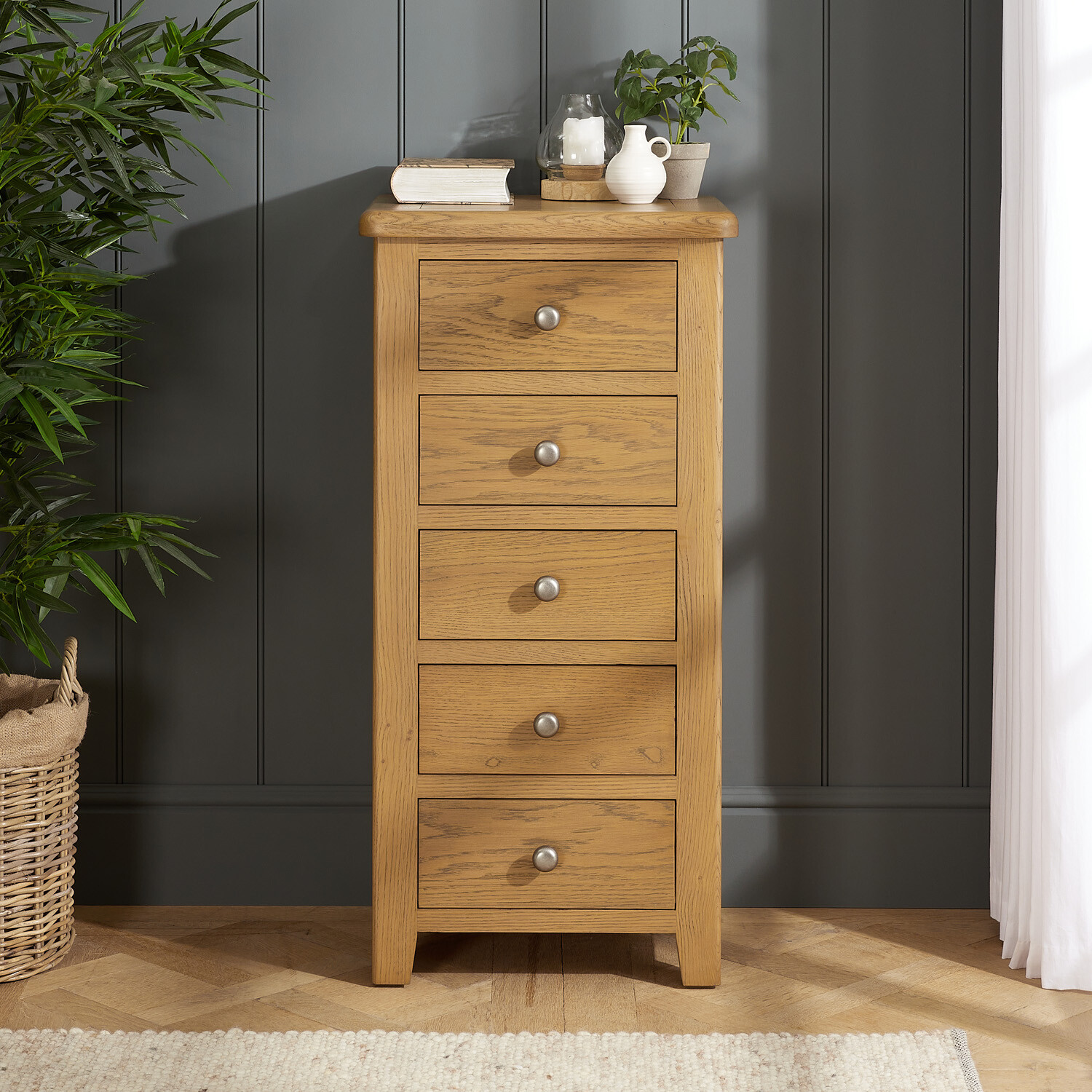 Cotswold Rustic Smoked Oak 5 Drawer Tallboy Narrow Chest - Storage Wellington