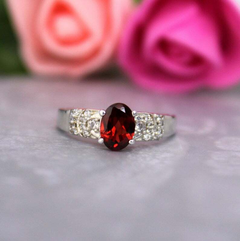 Garnet Ring Statement Delicate Art Deco Band Handmade Solid 925