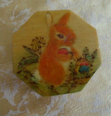 Vintage Octagon Wooden Trinket Box Decoupaged Easter Bunny Rabbit