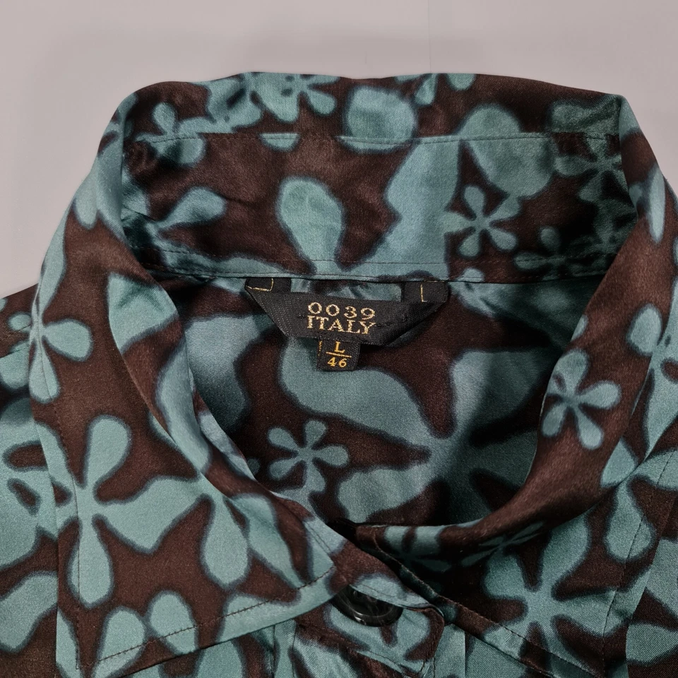 0039 Italia Mujer Camisa de Vestido Azul Grande Floral Satén Seda Hasta la Rodilla Foto 3 de 4