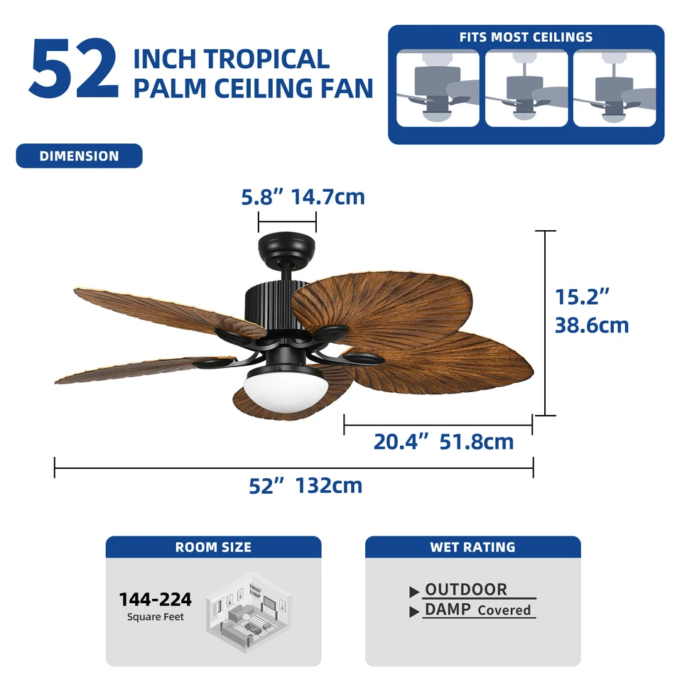 52" Tropical Palm Reversible Ceiling Fan with LED Light and Remote Control Black - Image 2 of 4