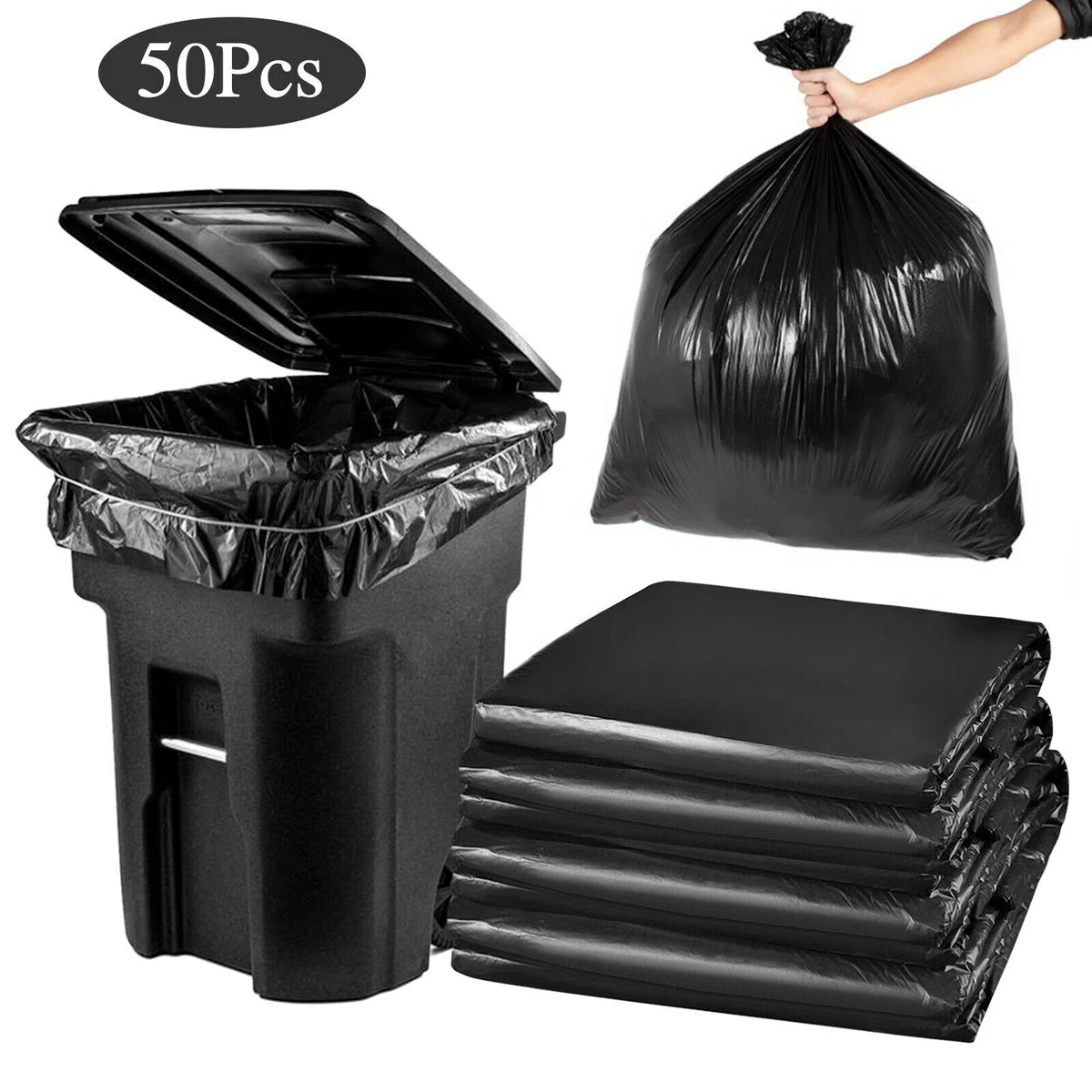 65 Gallon Trash Bags 50 Count Black Heavy Duty Garbage Can Liner 1.8 Mil  51×59