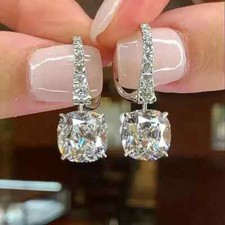 3CT Cushion Cut Lab Created Diamond Drop Dangle Earrings 14K White Gold Plated