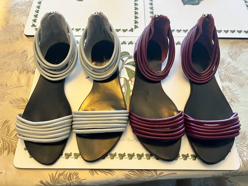 LOTE 2 SANDALIAS DE CUERO KATHRYN AMBERLEIGH CREMALLERA TRASERA GRIS BERENJENA HECHAS A MANO Foto 2 de 4