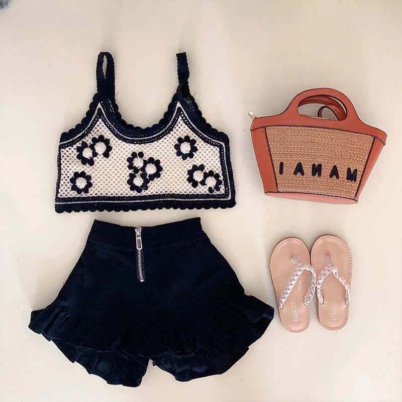 Girl Knitted Clothes Set Strap Flower Vest+Shorts 2PCS Infant Toddler 1-12Y