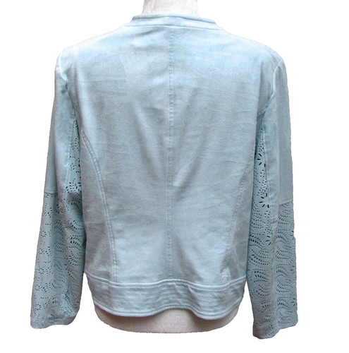 Pale Blue Faux Suede Jacket Floral Cutout Zippered Chicos Womens Size 2 L 12 - Picture 3 of 11