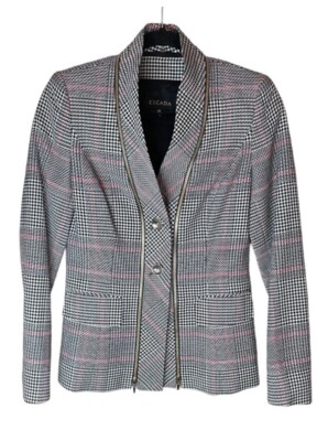 Escada Houndstooth Black Red and White Blazer Jacket with Zipper Detail Size 34