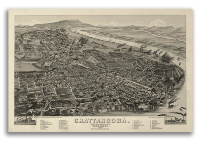 Bird's Eye View 1886 Chattanooga TN Vintage Style City Map - 20x30