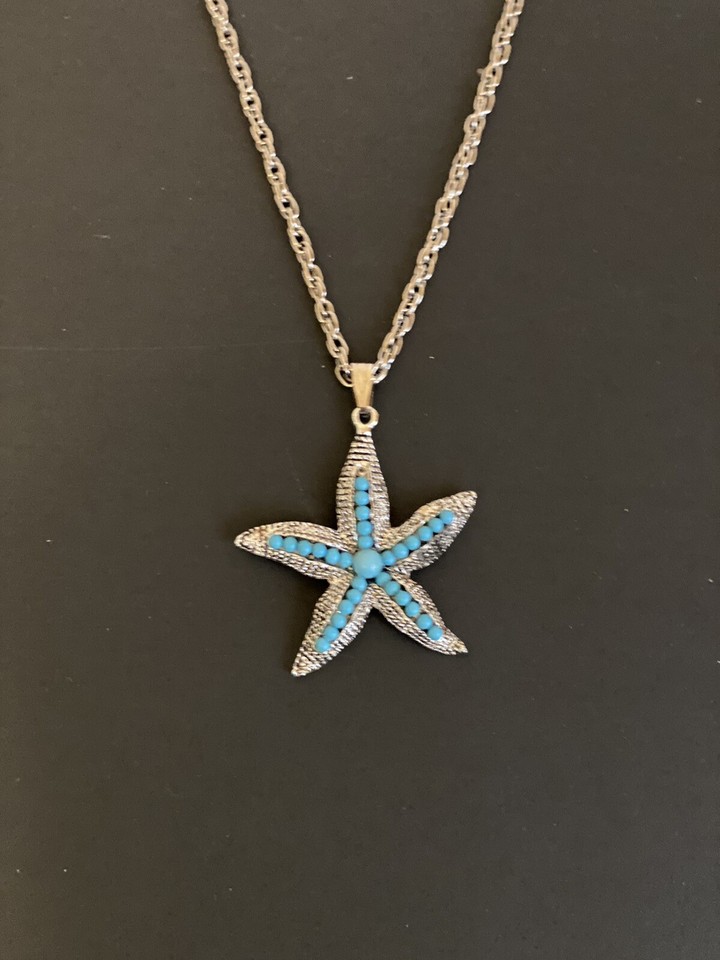 Vintage Starfish Pendant with Faux Turquoise Beads on 24" Silvertone
