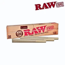 RAW Classic Natural Unrefined 1.25 Size Pre-Rolled Rolling Paper Cones 32/Box