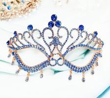 Blue Crystal Masquerade Mask, Rose Gold Mardi Gras Mask, Sapphire Teardrop Mask