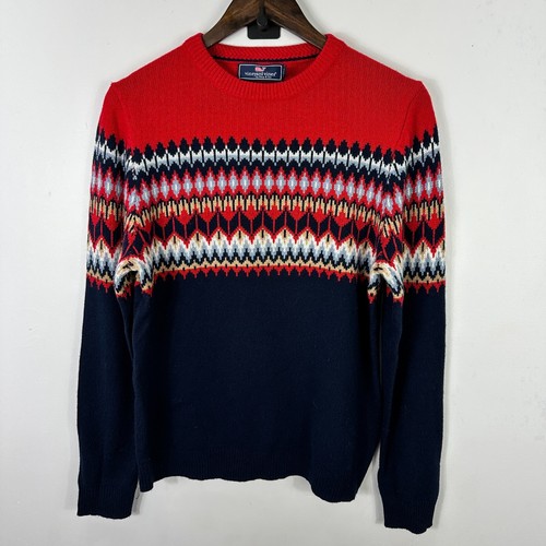 Vineyard Vines Boys XL Fair Isle Sweater Red Navy Merino Wool Preppy Winter Ski