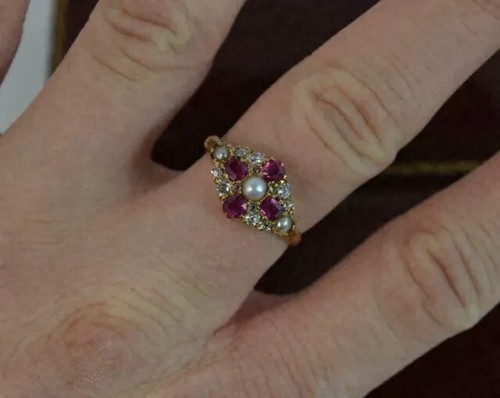 3Ct Round Cut Natural White Pearl & Ruby Engagement Ring 14k Yellow Gold Plated - Picture 2 of 7
