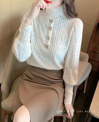 Cardigan Maglia Top Pullover Collo Alto Morbido Maglione Bianco Pizzo 40314 - Foto 2 di 7