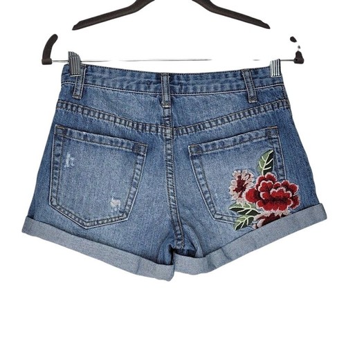 Forever 21 Womens Distressed Embroidered Denim Shorts Size S Blue Cotton Blend - Picture 3 of 10