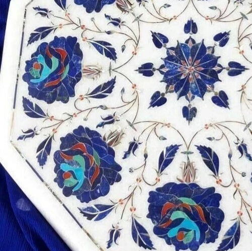 12" Octagon White Marble Coffee Table Lapis Floral Marquetry Inlay Arts Home Dec - Picture 6 of 8