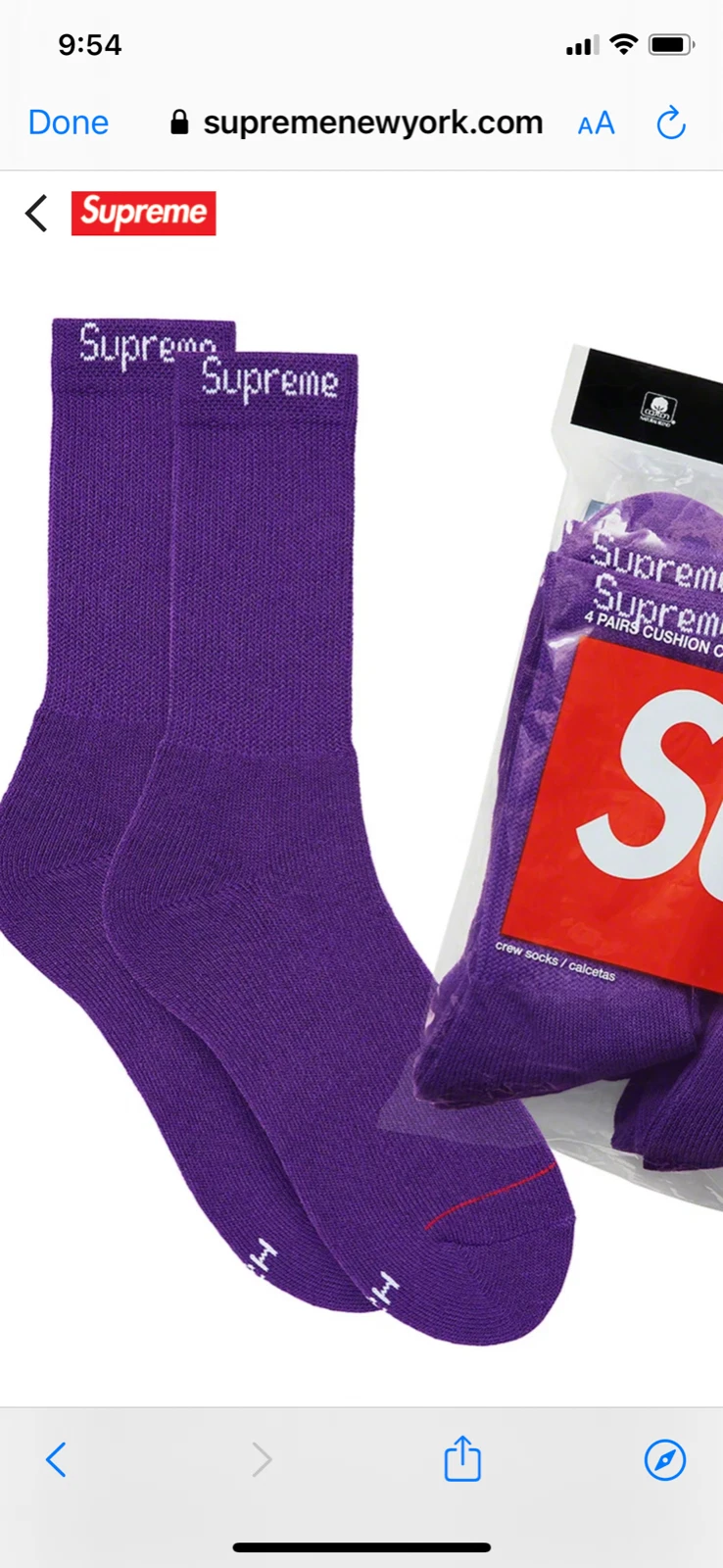 Chaussettes Supreme/Hanes Crew violettes neuves taille unique (4 paires) AUTHENTIQUE