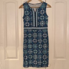 Talbots Women's Small Blue Green Floral Medallion Print Sleeveless Shift Dress