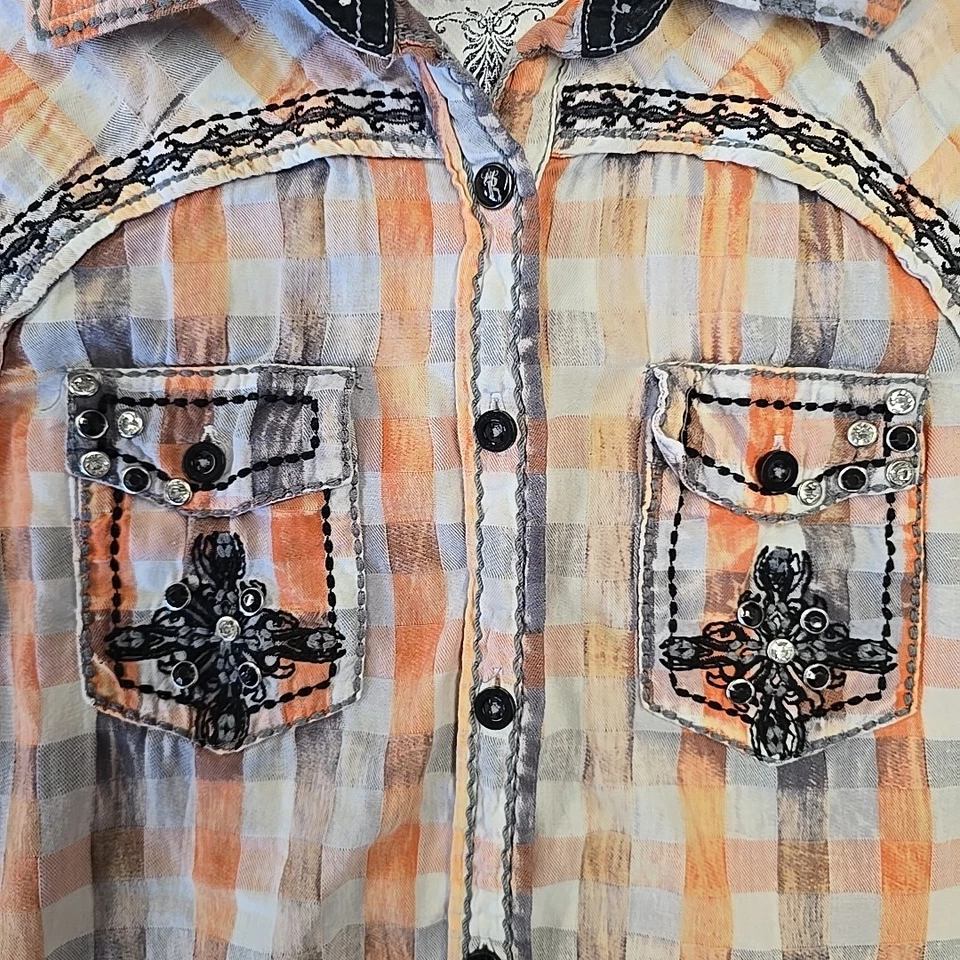 Camisa vaquera florentina a cuadros Roar para mujer talla M Y2K glamorosa manga lengüeta enrollable Foto 4 de 4