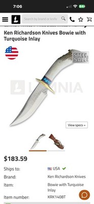 Ken Richardson Knives Bowie Turquoise Inlay Stag Handle Stainless w/Sheath